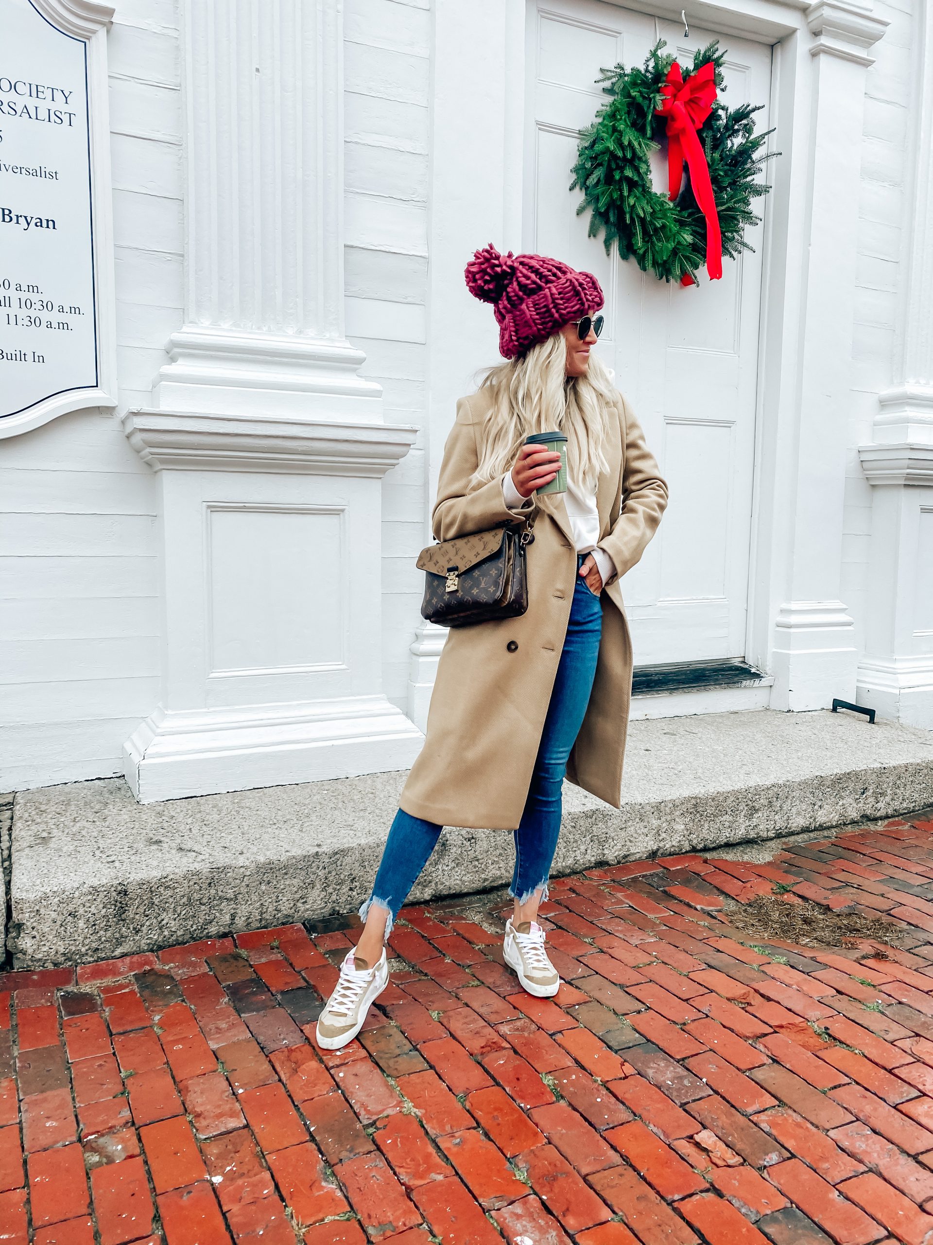 Burgundy Beanie with Camel Coat and White Sneakers Burgundy Beanie with Camel Coat and White Sneakers — Beanie Outfits