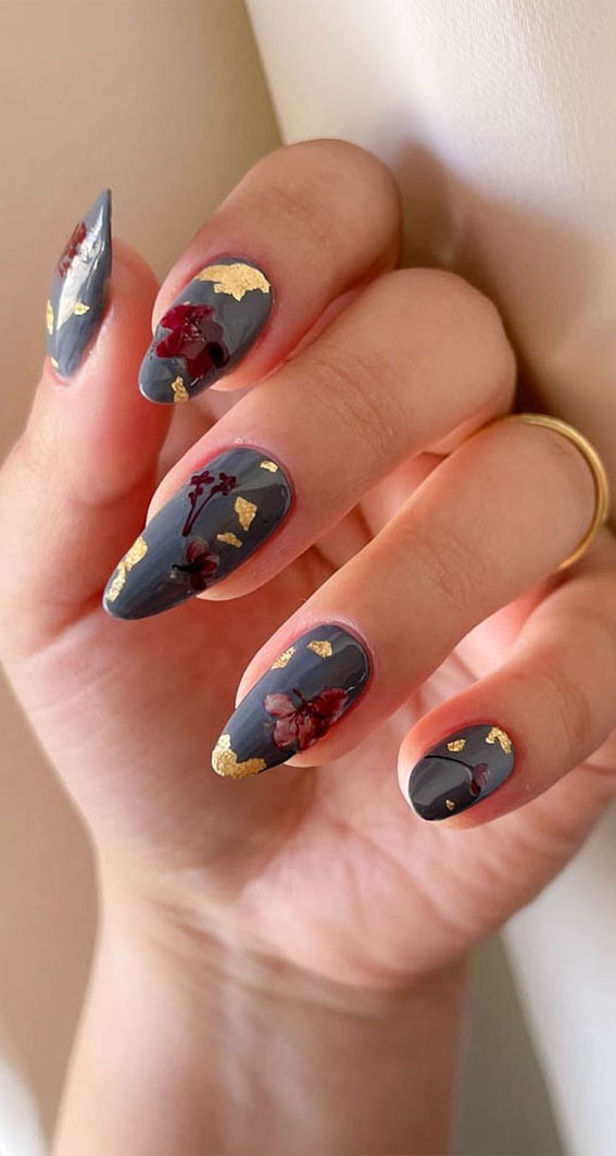 Dark Grey with Floral Gold Foil Dark Grey with Floral Gold Foil — Fall to Winter Nails