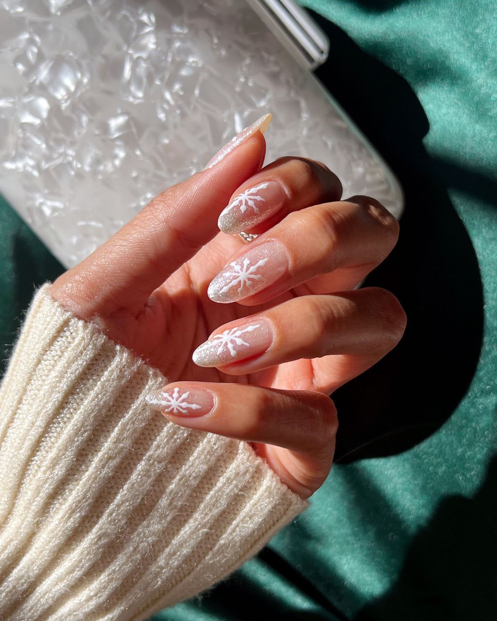 Nude Blue Glitter Snowflake Stilettos Nude Blue Glitter Snowflake Stilettos — Winter Formal Nails