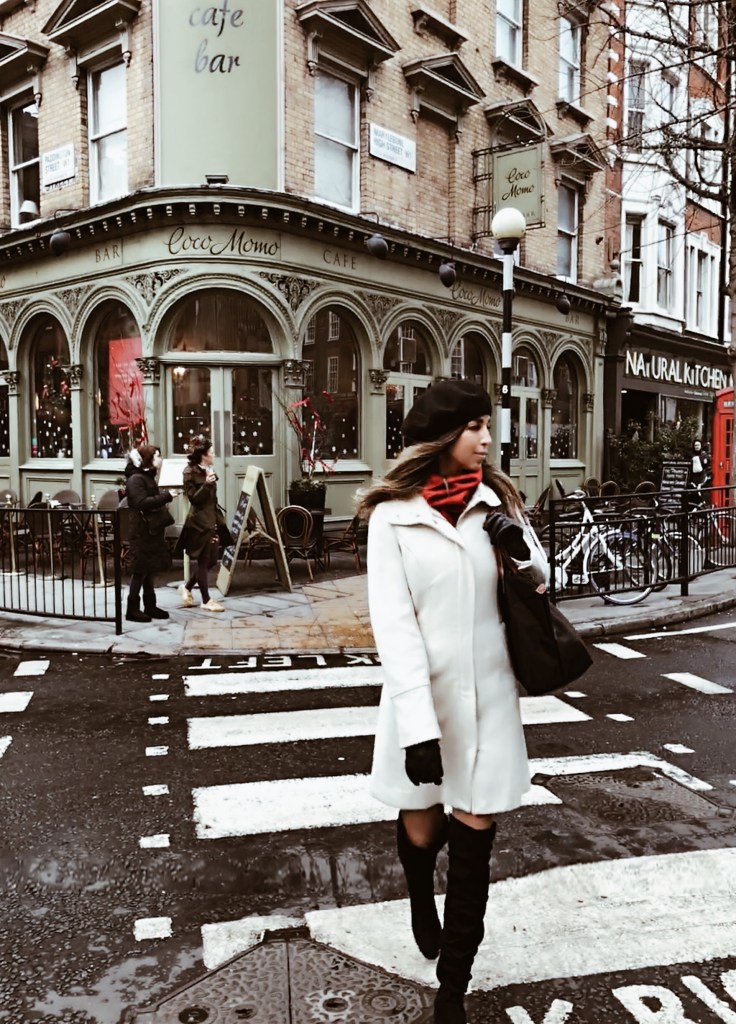 Cream Coat with Red Scarf for City Navigation Cream Coat with Red Scarf for City Navigation — London Winter Outfits