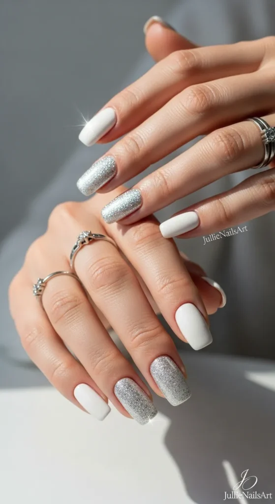 Medium Square Matte White Glitter Silver Medium Square Matte White Glitter Silver — Winter White Nails