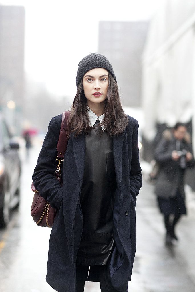 Urban Casual with Leather Dress and Beanie — Black Coat Outfits