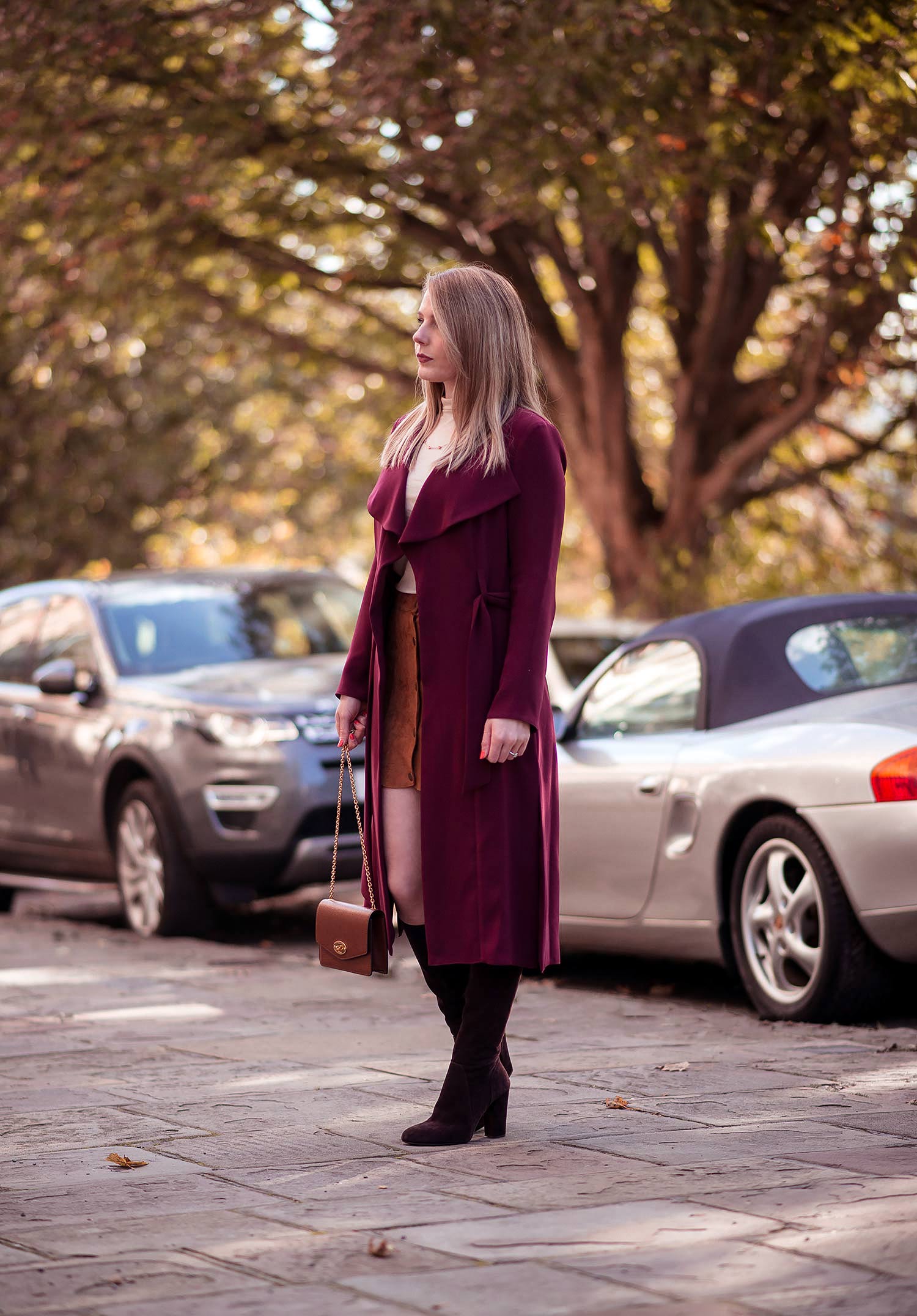 Bold Statement: Burgundy Duster Coat with Knee-High Boots Bold Statement: Burgundy Duster Coat with Knee-High Boots — Car Coat Outfits