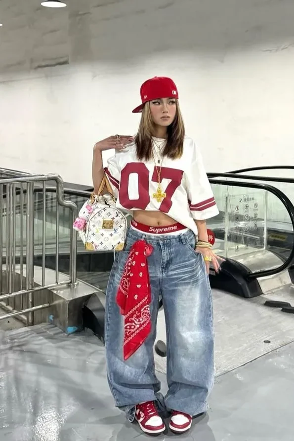 Streetwear Chic with a Red Number Jersey and Baggy Jeans — Baddie Winter Outfits