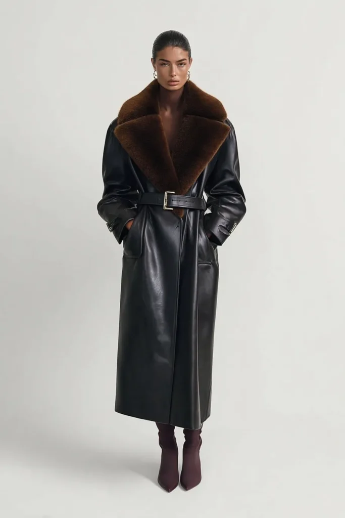 Luxurious Texture Play: Black Leather Coat with Fur Collar — Black Coat Outfits