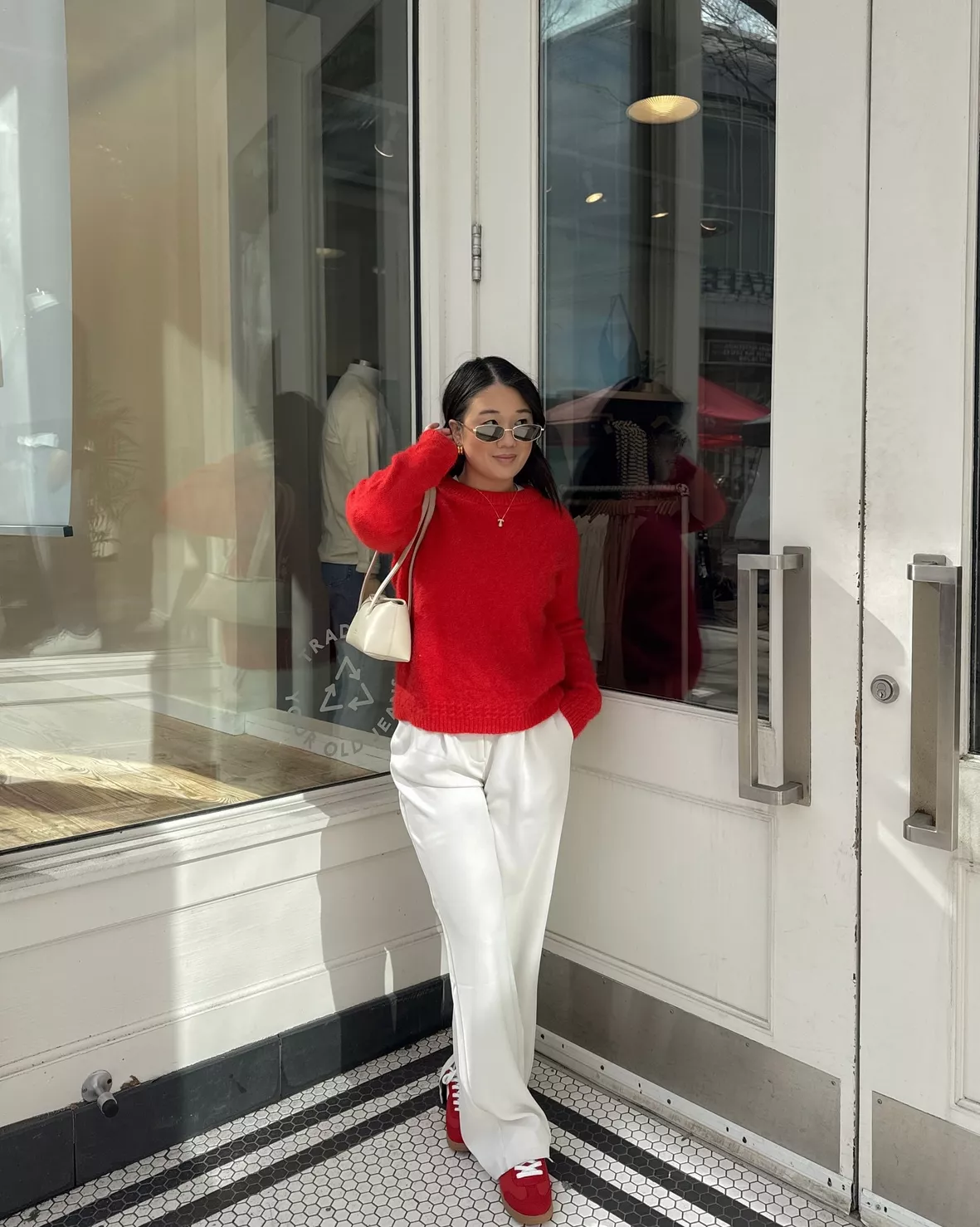 Bright Red Fuzzy Sweater Paired with White Trousers and Red Sneakers Bright Red Fuzzy Sweater Paired with White Trousers and Red Sneakers — Winter Outfits with Sneakers