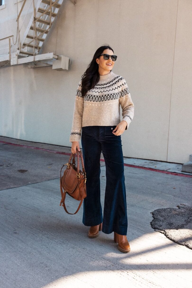 Cropped Beige Fair Isle Sweater with Navy Velvet Pants Cropped Beige Fair Isle Sweater with Navy Velvet Pants — Fair Isle Sweater Outfits