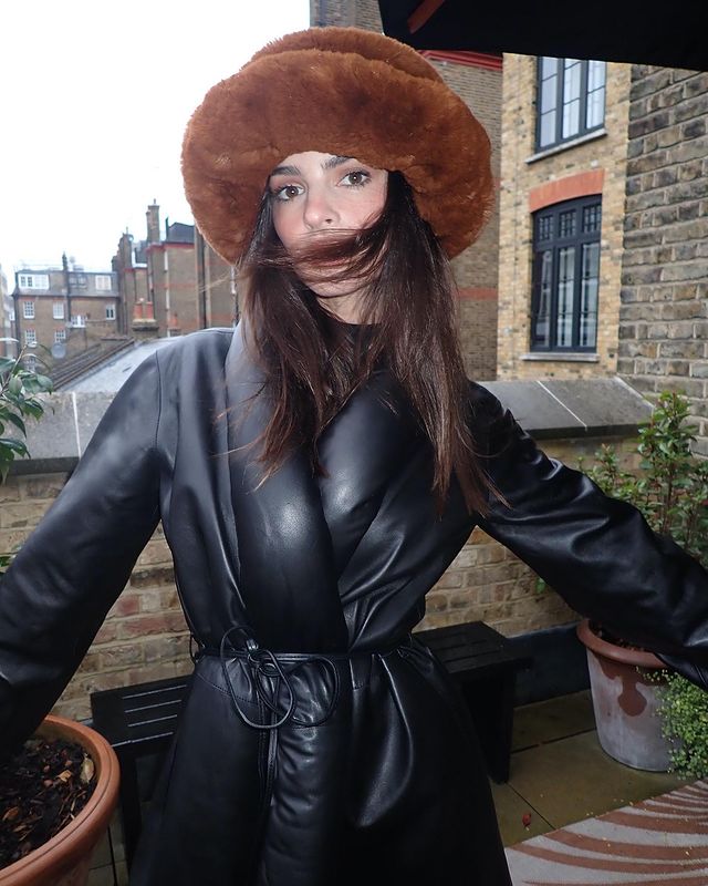 Dramatic Contrast: Fur Hat with Leather Wrap Coat — Fur Hat Outfits