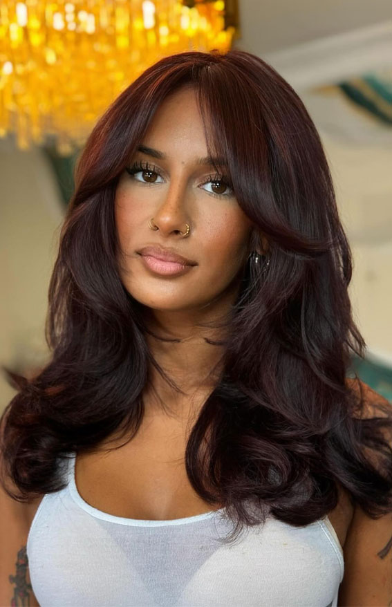 Velvety Plum With Curtain Bangs — Dark Winter Hair Colors