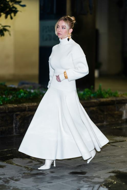 White Turtleneck Dress with Flared Skirt and Boots — Winter White Outfits