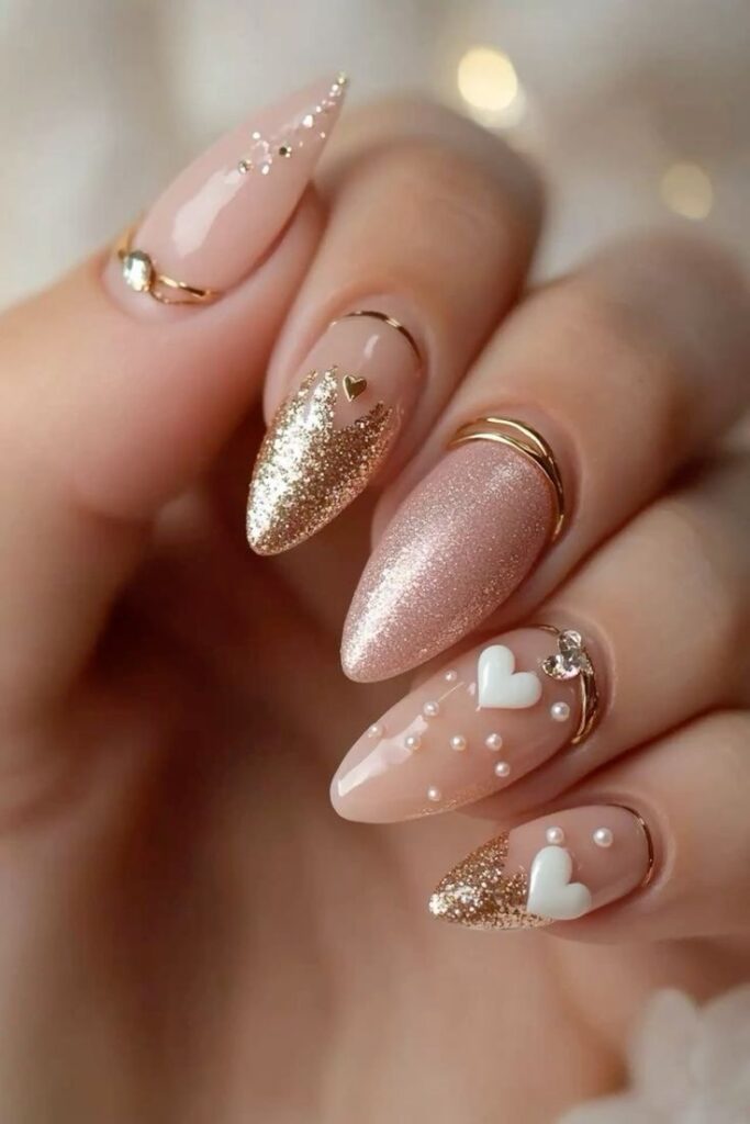Rose Gold Glitter Stiletto with Pearls Rose Gold Glitter Stiletto with Pearls — nail art ideas