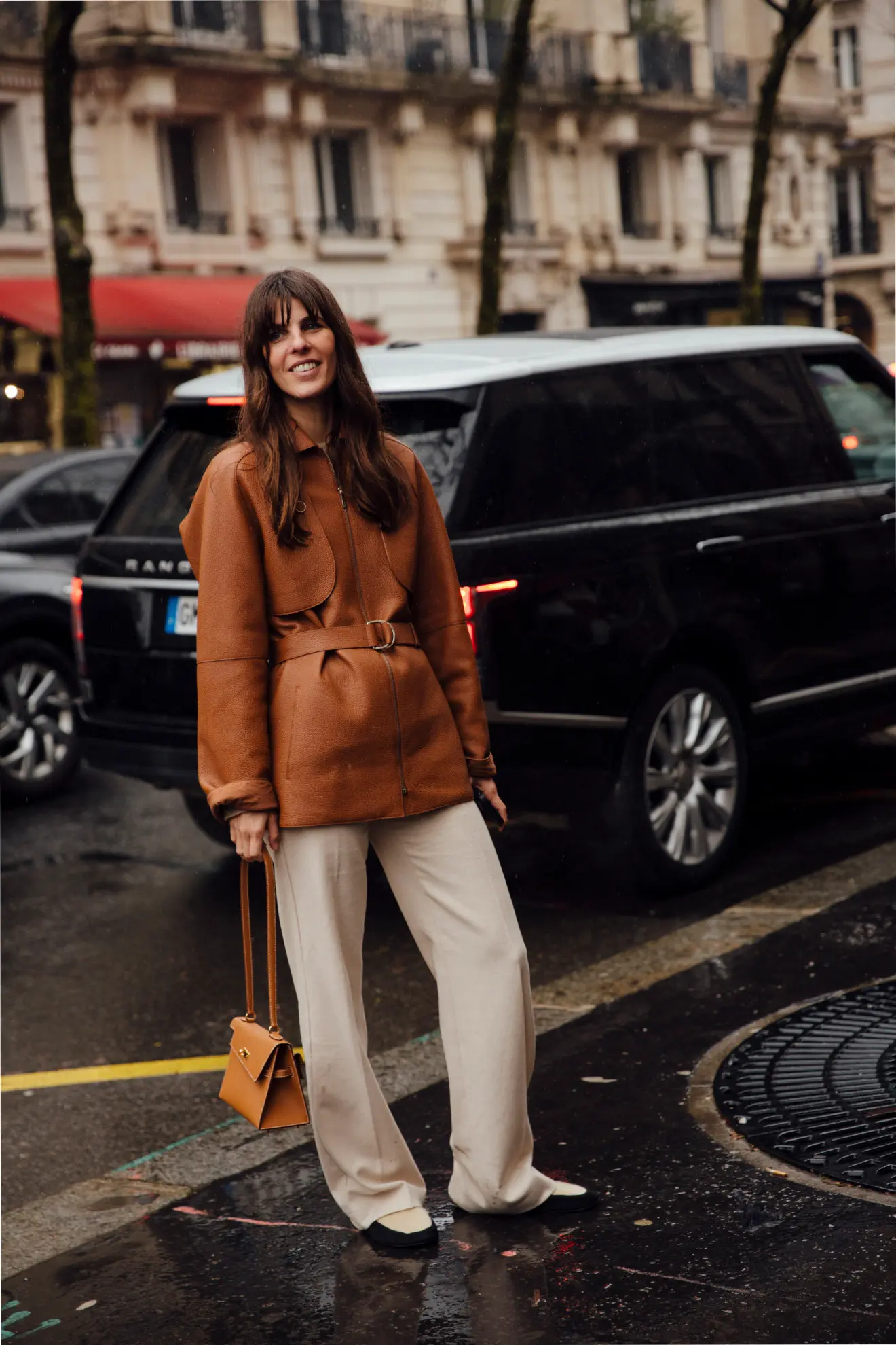 Camel Belted Jacket Over Wide-Leg Trousers and Loafers — Paris Winter Outfits