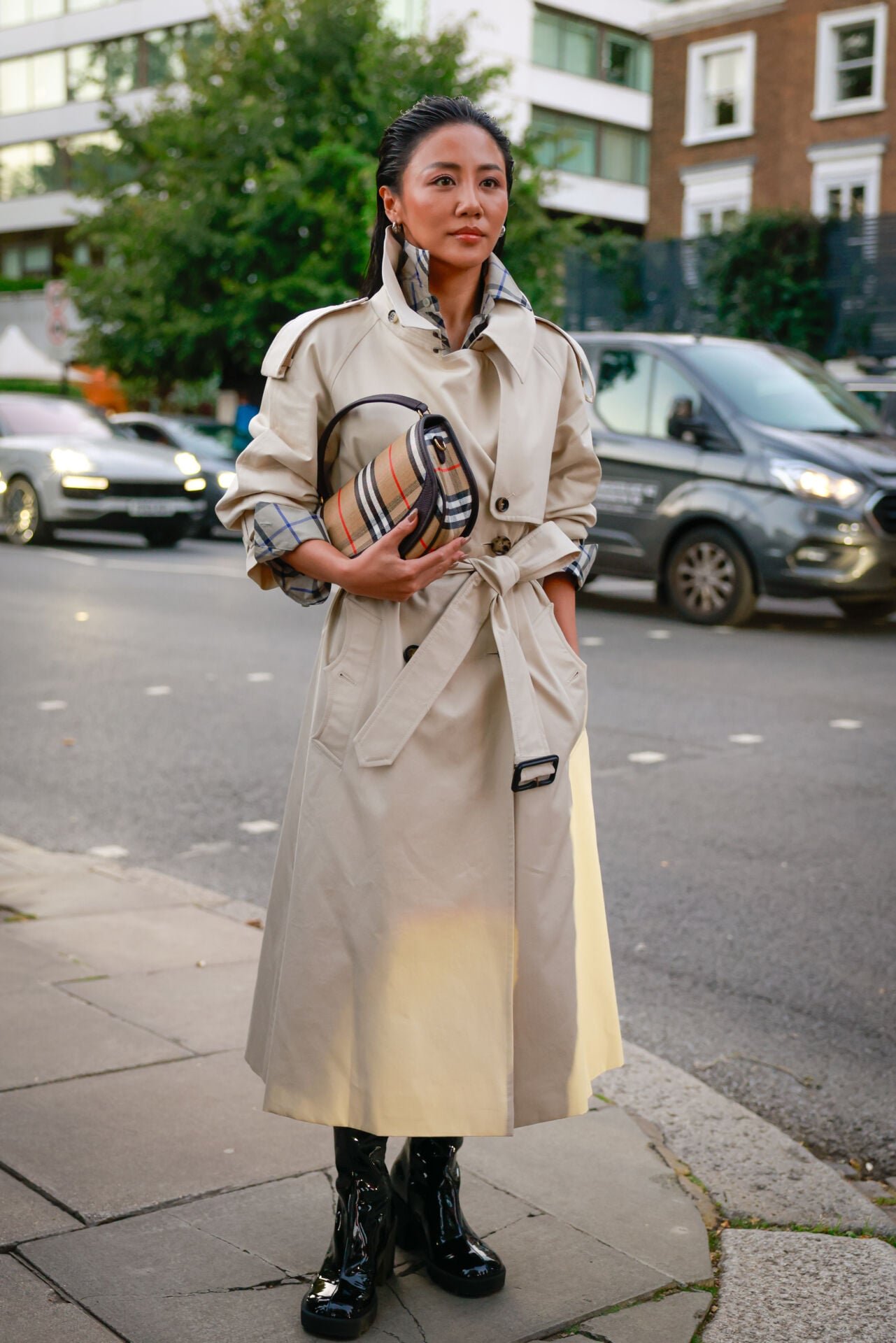 City Sophistication: Belted Beige Trench with Plaid Collar Detail City Sophistication: Belted Beige Trench with Plaid Collar Detail — Car Coat Outfits