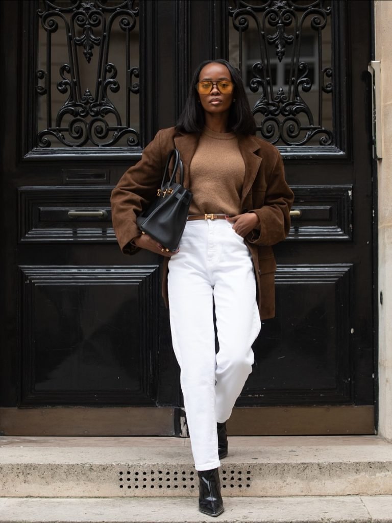 Monochromatic Brown Suede Blazer Ensemble with White Jeans Monochromatic Brown Suede Blazer Ensemble with White Jeans — Winter Outfits for Black Girls