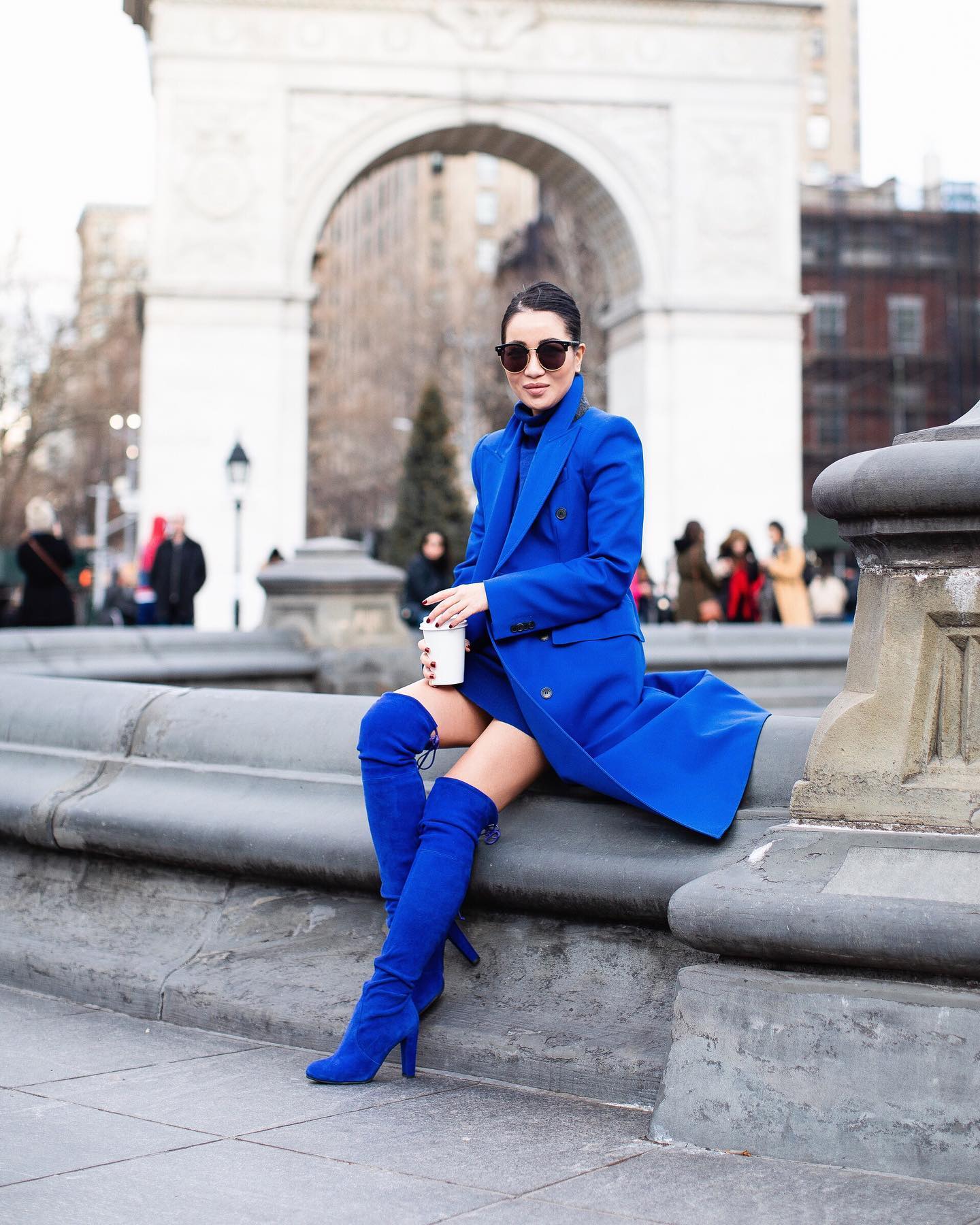 Vibrant Royal Blue Ensemble with Over-the-Knee Boots — Deep Winter Outfits