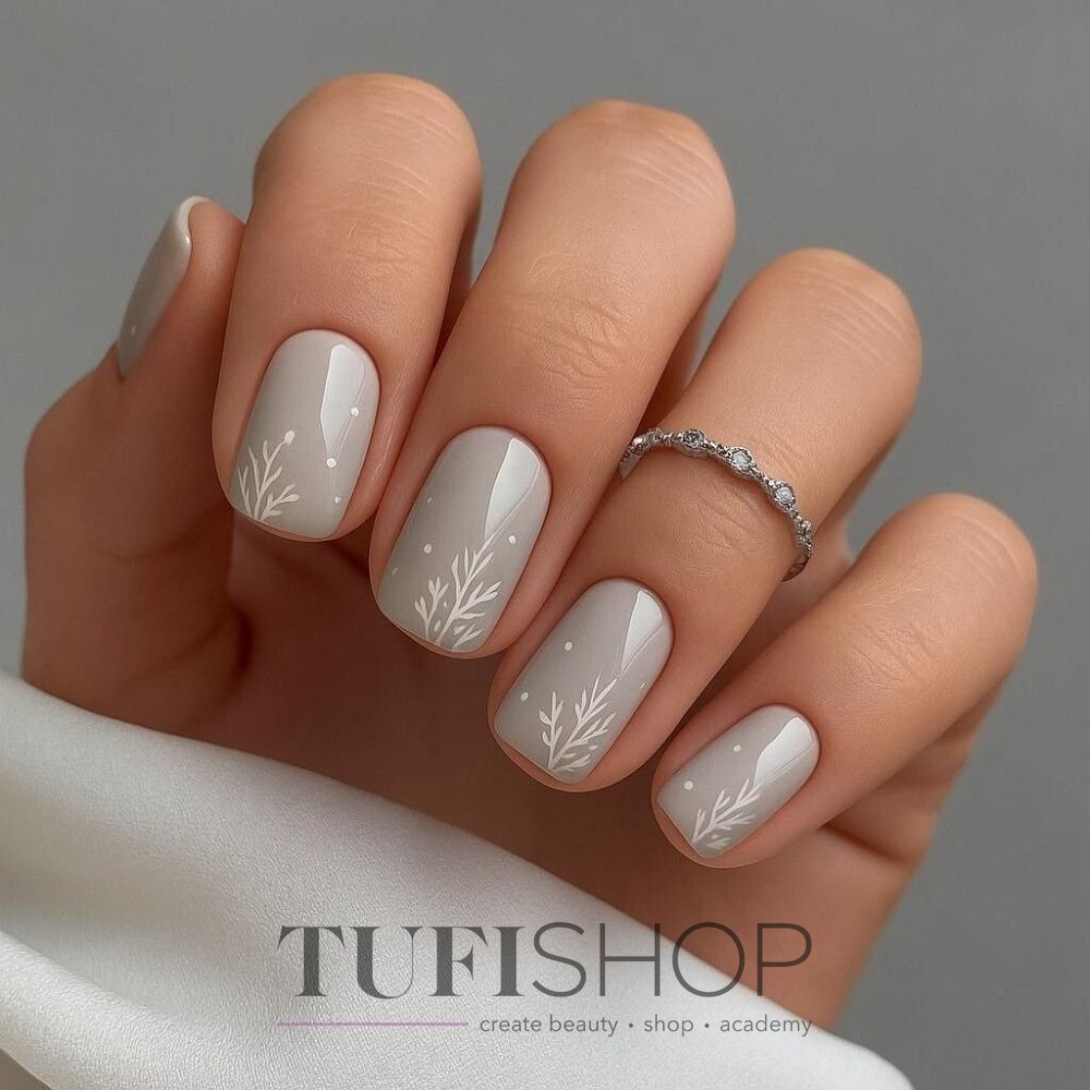 Muted Grey with Delicate Twig Art Muted Grey with Delicate Twig Art — Short Winter Square Nails