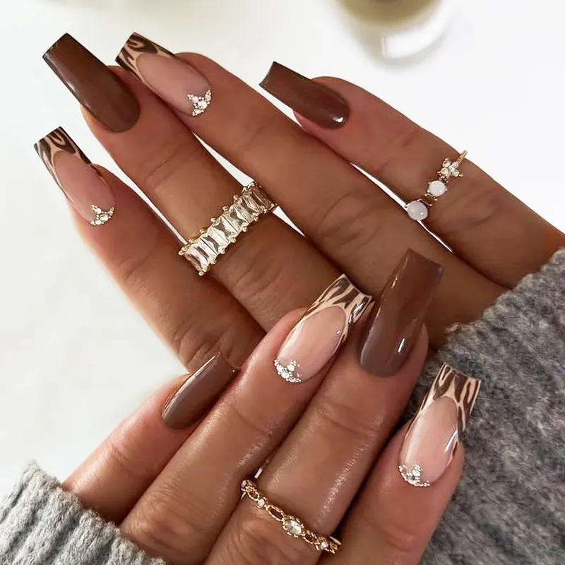 Beige Animal Print Brown French Coffin Nails Beige Animal Print Brown French Coffin Nails — Winter Square Nails