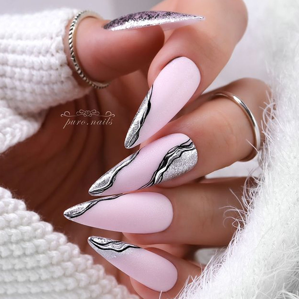 Matte Pink Abstract Line Stilettos Matte Pink Abstract Line Stilettos — Long Winter Nails