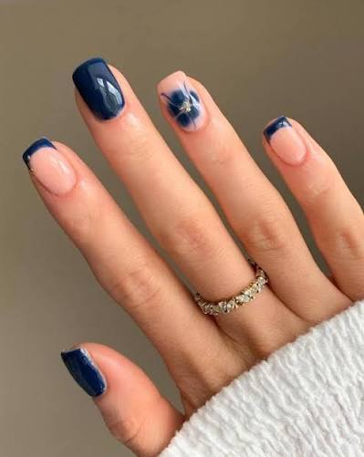 Navy French Tip Floral Accent Nails Navy French Tip Floral Accent Nails — classy simple nail designs