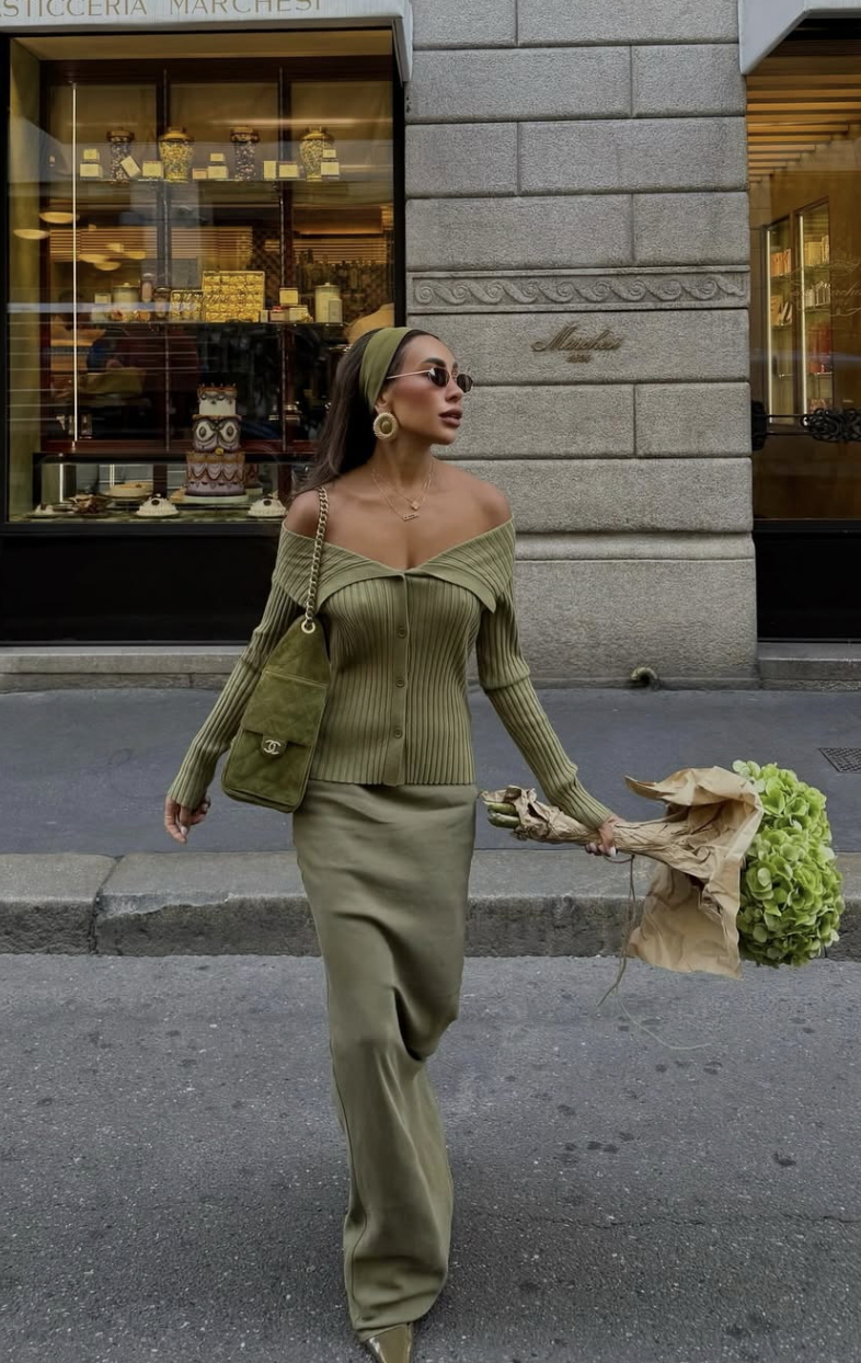 Monochromatic Olive Green Off-the-Shoulder Cardigan Set — Cardigan Outfits