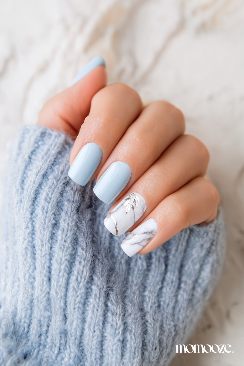 Light Blue Silver Leaf Marble Square Nails — Winter Marble Nails