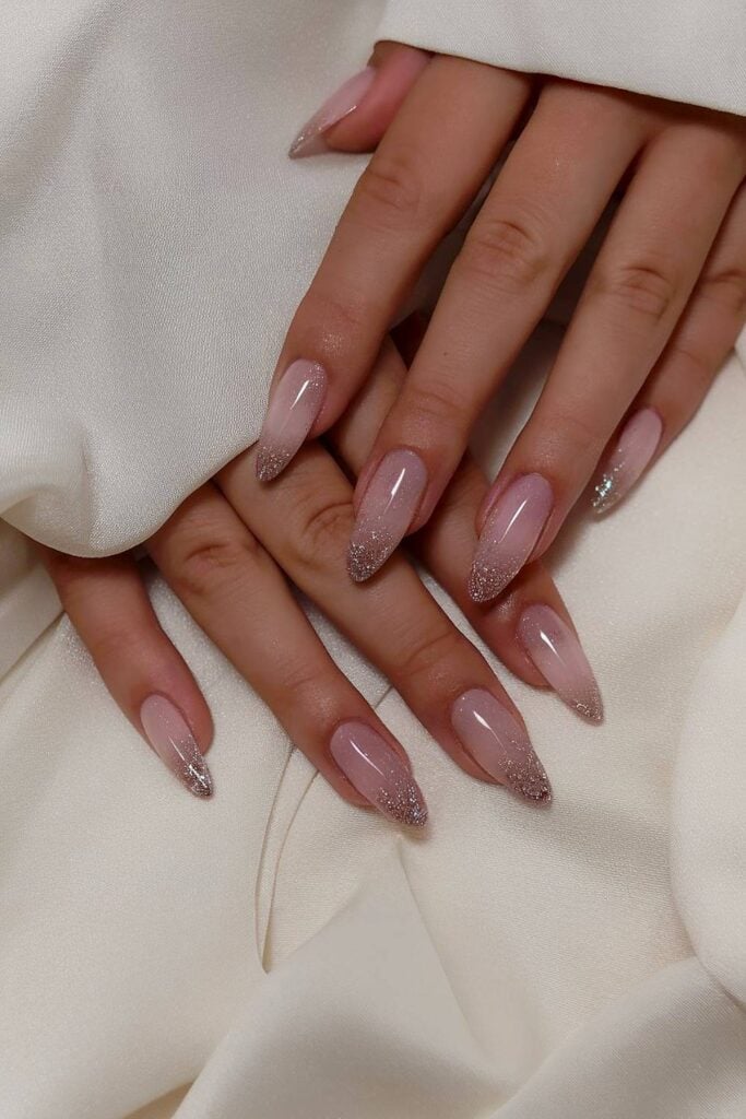 Sheer Pink Nude Ombre Glitter Fade Almonds Sheer Pink Nude Ombre Glitter Fade Almonds — almond nail designs