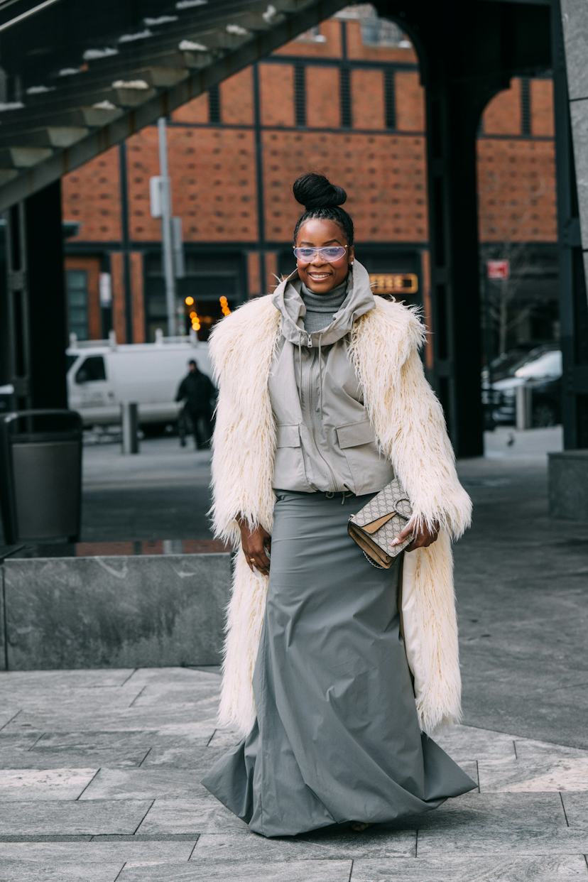 Cream Faux Fur Coat Over a Grey Turtleneck and Skirt — NYC Winter Outfits