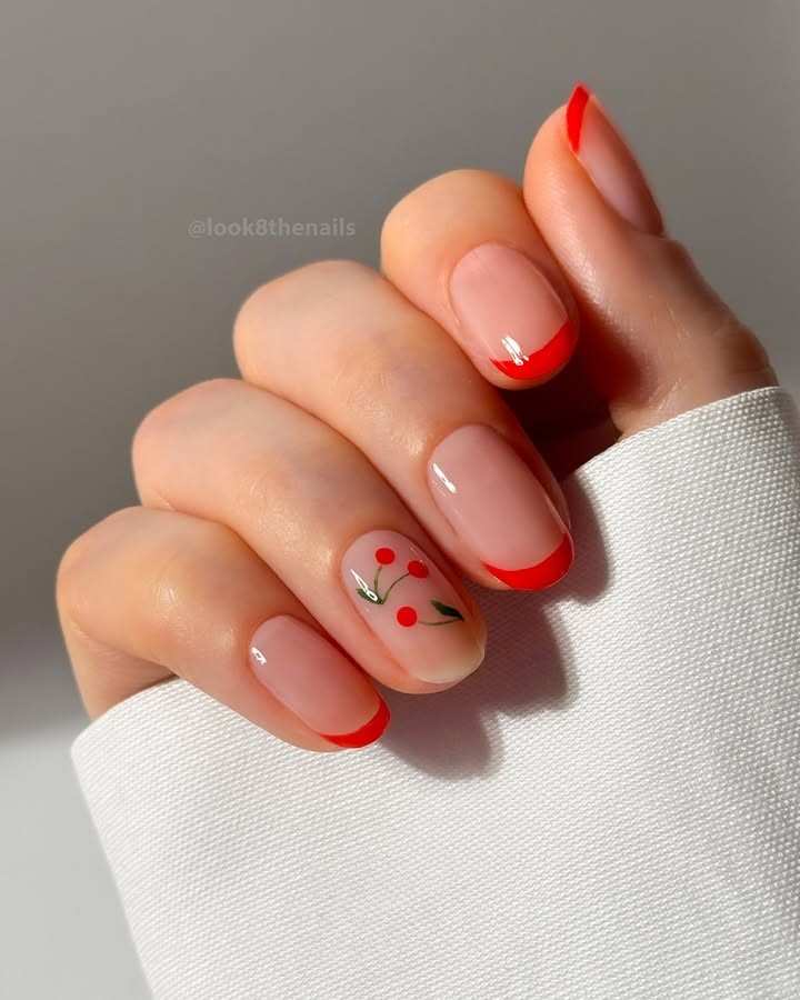 Sheer Nude French With Cherry Accent Sheer Nude French With Cherry Accent — short nail designs