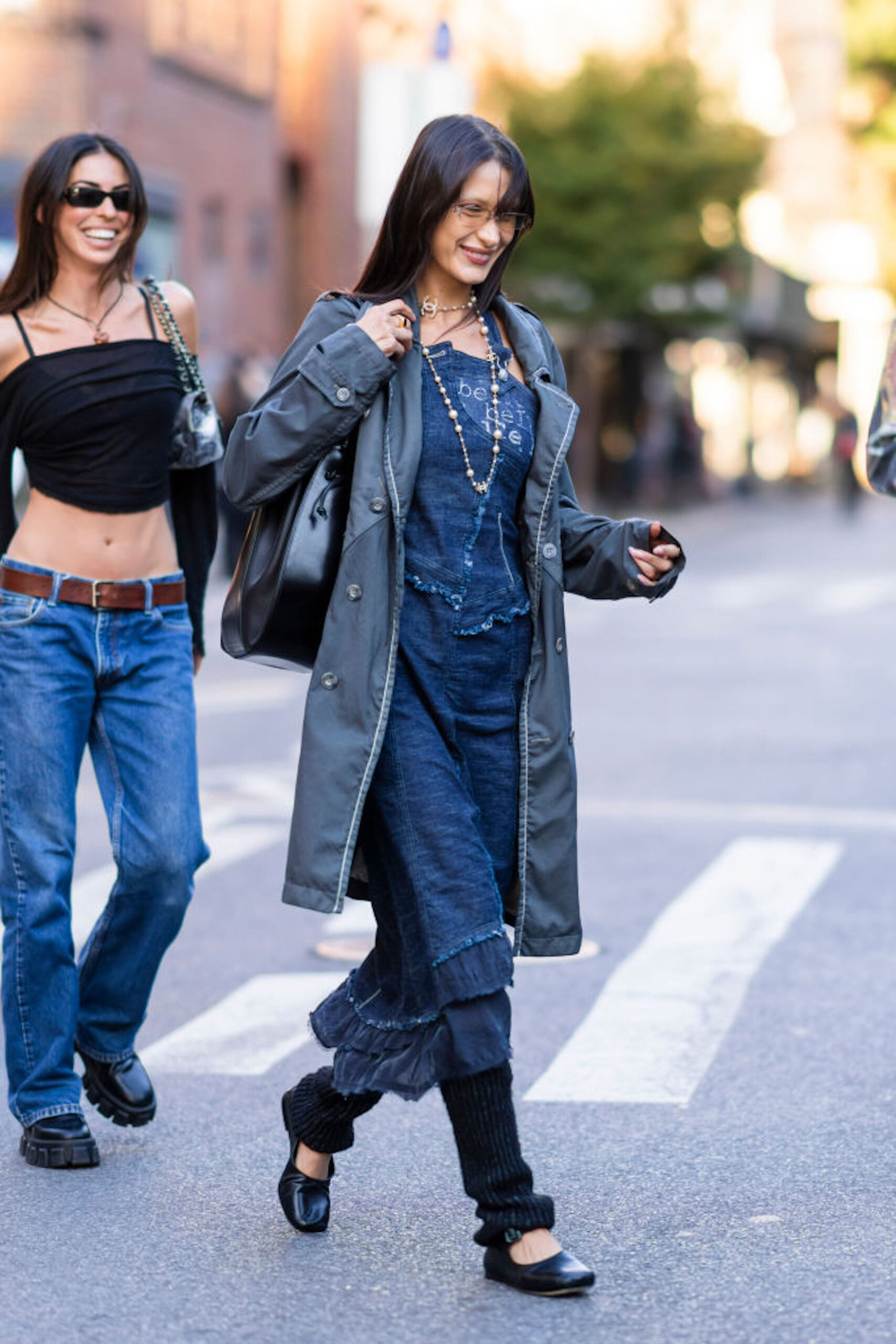 Dark Trench Coat with Denim Jumpsuit and Knit Leg Warmers Dark Trench Coat with Denim Jumpsuit and Knit Leg Warmers — Leg Warmers Outfits