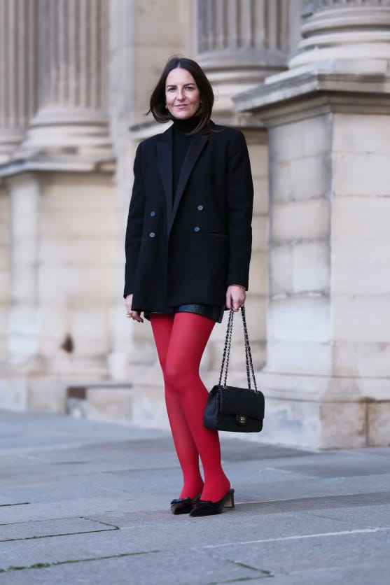 Edgy Black Blazer with Red Tights Statement — Late Winter Outfits