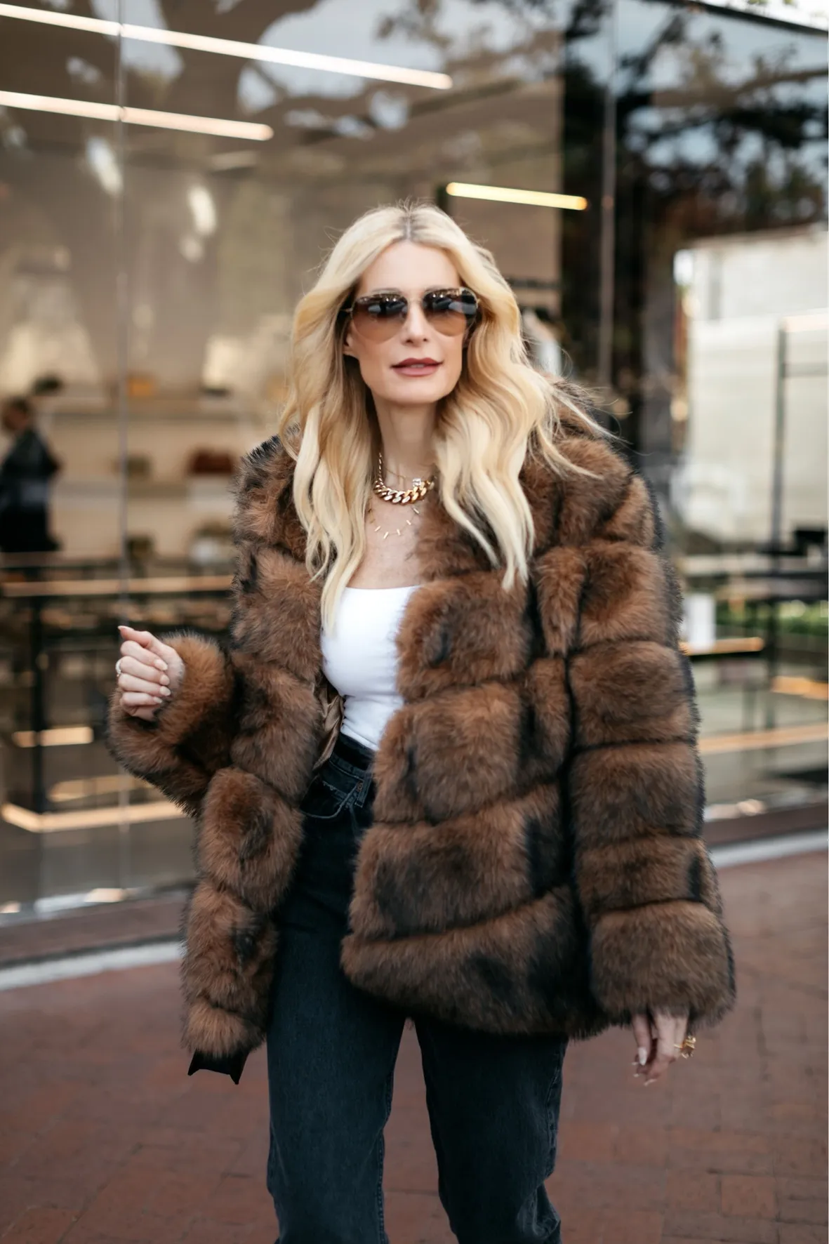 Edgy Faux Fur Coat with Black Denim and Accents — Shearling Coat Outfits
