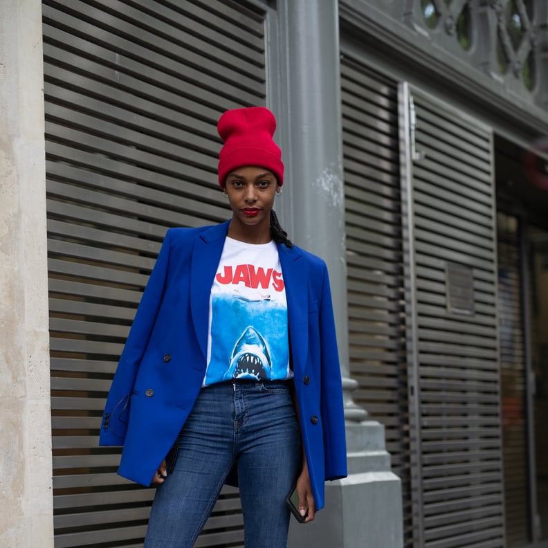 Bright Red Beanie with Graphic Tee and Royal Blue Blazer Bright Red Beanie with Graphic Tee and Royal Blue Blazer — Beanie Outfits