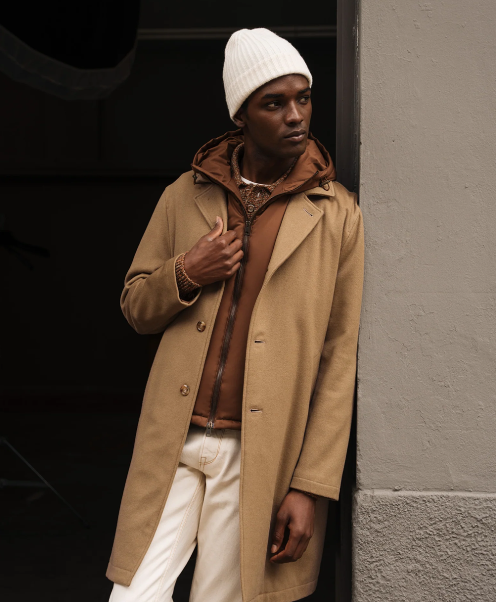Layered Puffer Vest and Hoodie with Tan Overcoat — Winter Outfits for Men