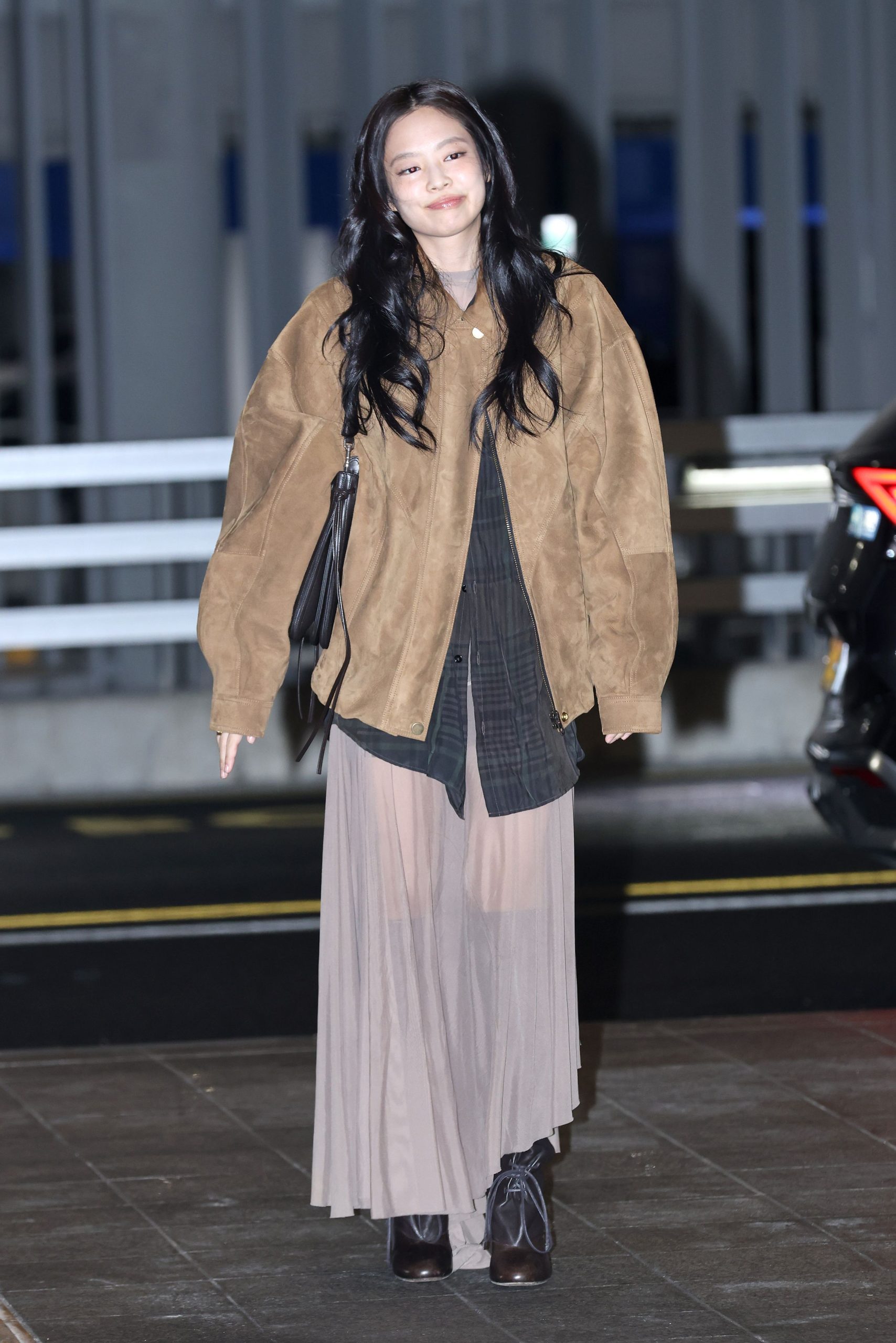 Eclectic Mix: Suede Jacket, Plaid Shirt, and Sheer Skirt — Winter Airport Outfits