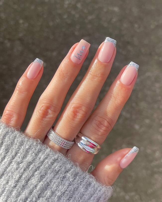 Short Square Silver Glitter French — Winter French Tip Nails