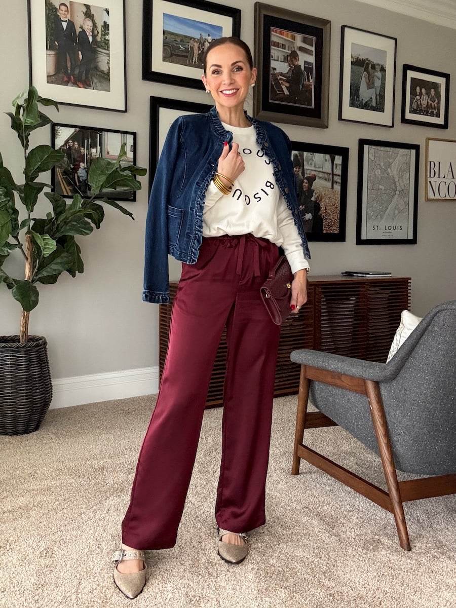 Denim Jacket with Satin Wide-Leg Pants Denim Jacket with Satin Wide-Leg Pants — Winter Outfits for Warm Weather