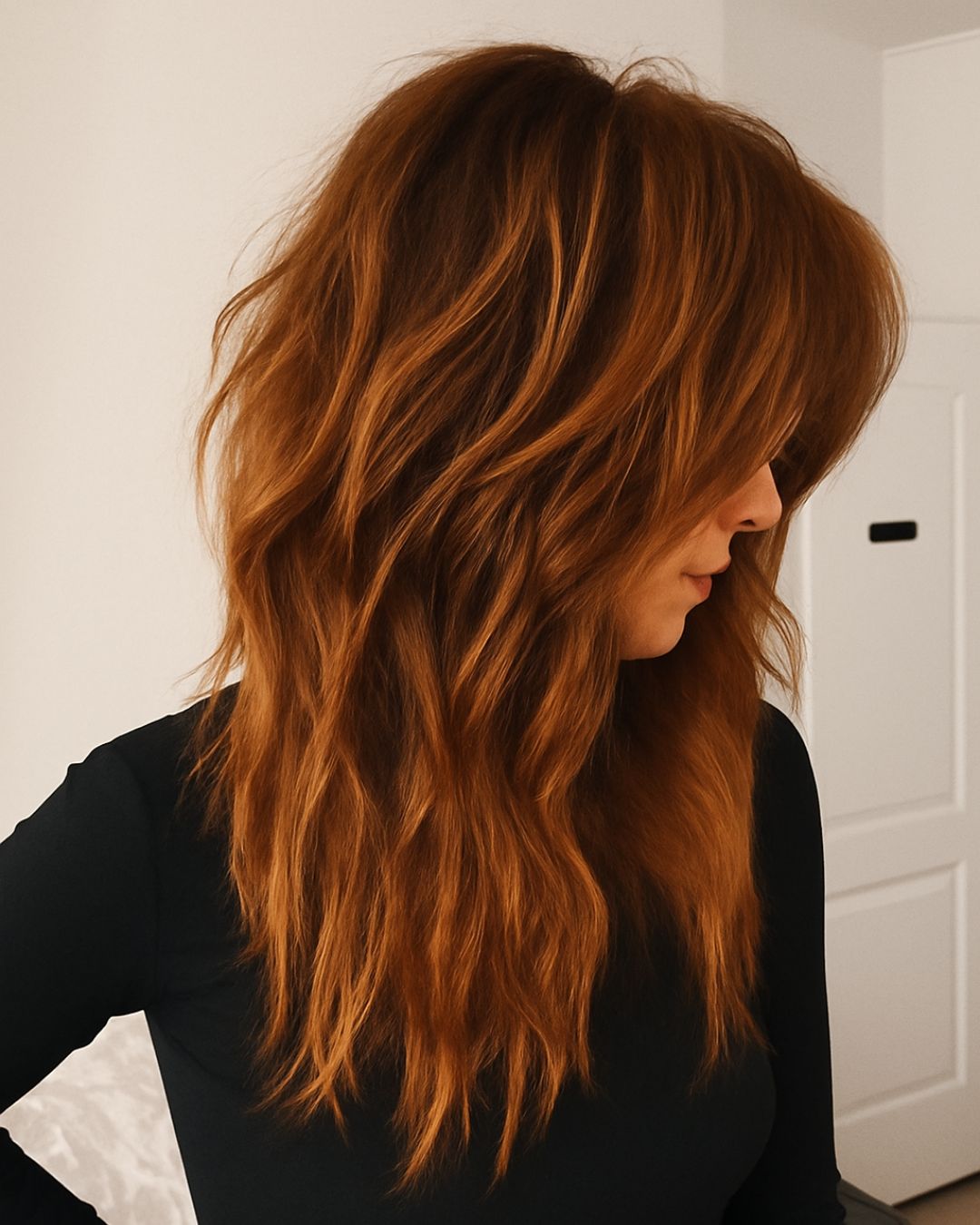 Vibrant Copper Red Mid-Back Layers Vibrant Copper Red Mid-Back Layers — Winter Haircuts for Wavy Hair