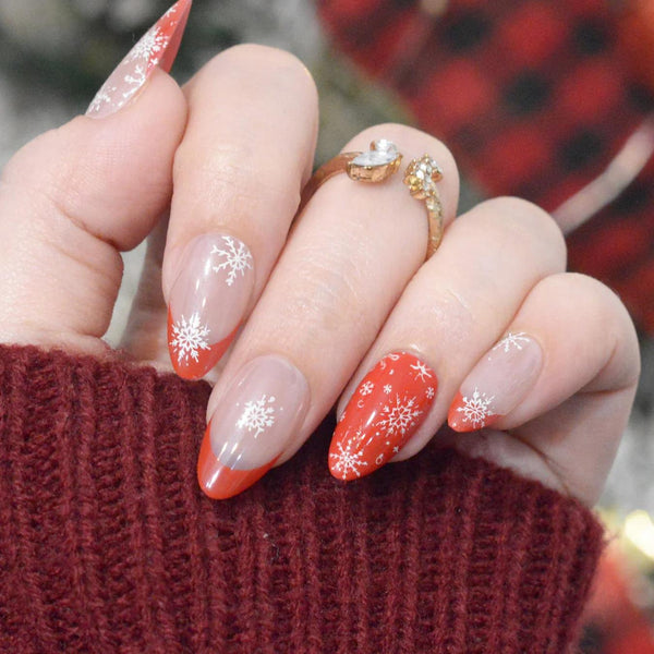 Red French Tip Snowflake Stiletto Nails Red French Tip Snowflake Stiletto Nails — Snowflake Nails