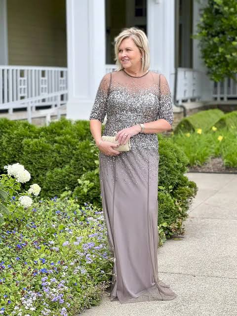 Taupe Illusion Neckline Gown for a Sophisticated Wedding Guest Look Taupe Illusion Neckline Gown for a Sophisticated Wedding Guest Look — Winter Wedding Guest Outfits