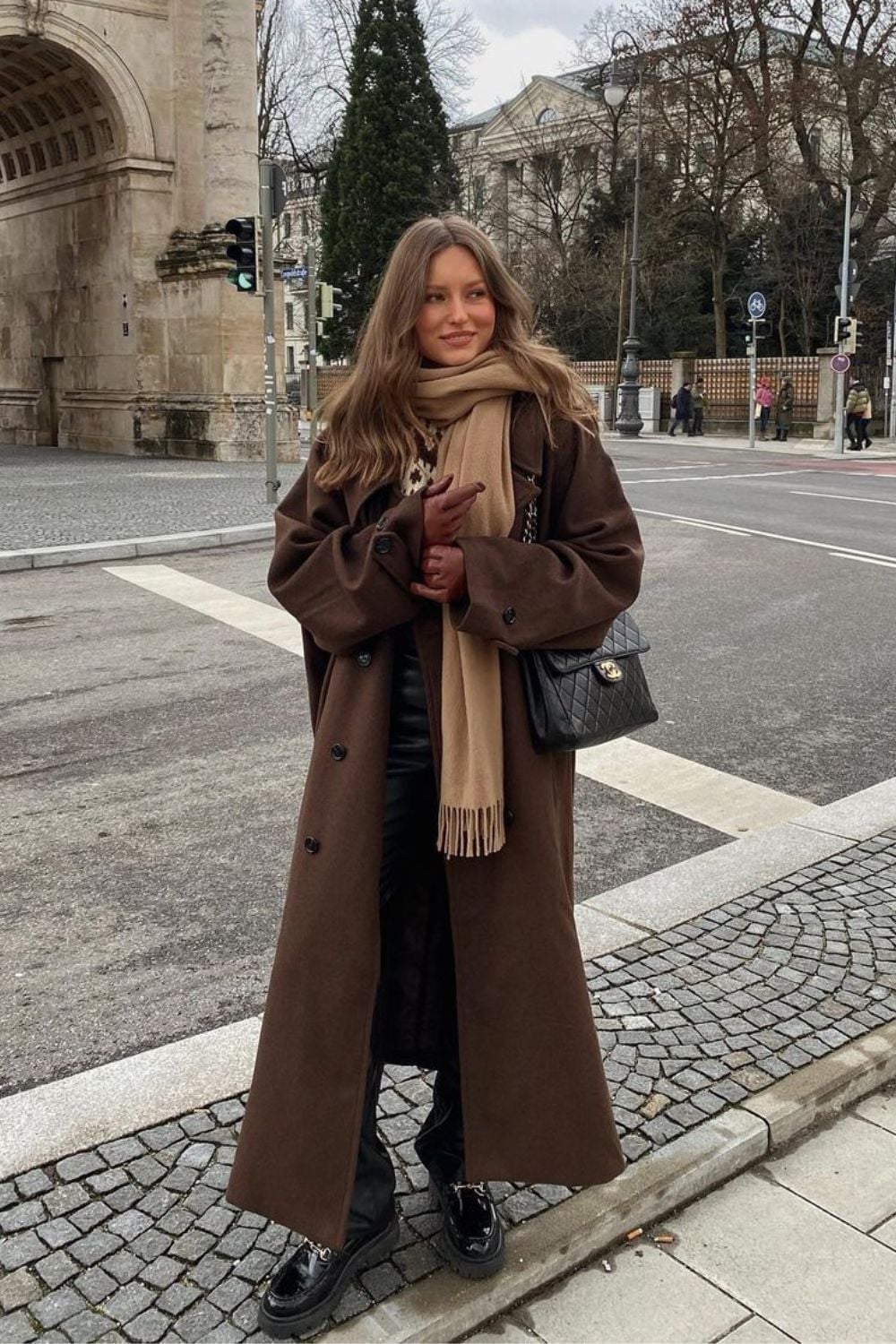 Cozy Brown Wool Coat with Knit Sweater and Wide-Leg Trousers Cozy Brown Wool Coat with Knit Sweater and Wide-Leg Trousers — Brown Coat Outfits
