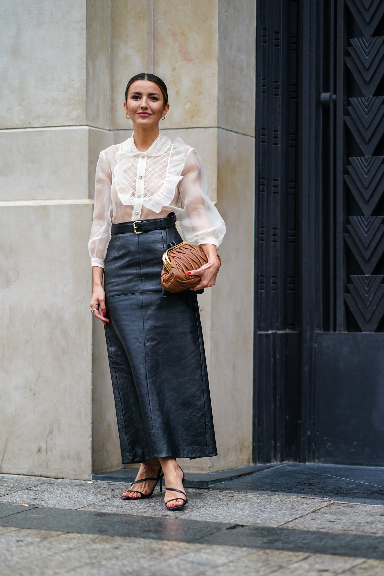 Black A-line Leather Midi Skirt with Sheer Blouse Black A-line Leather Midi Skirt with Sheer Blouse — Leather Skirt Outfits