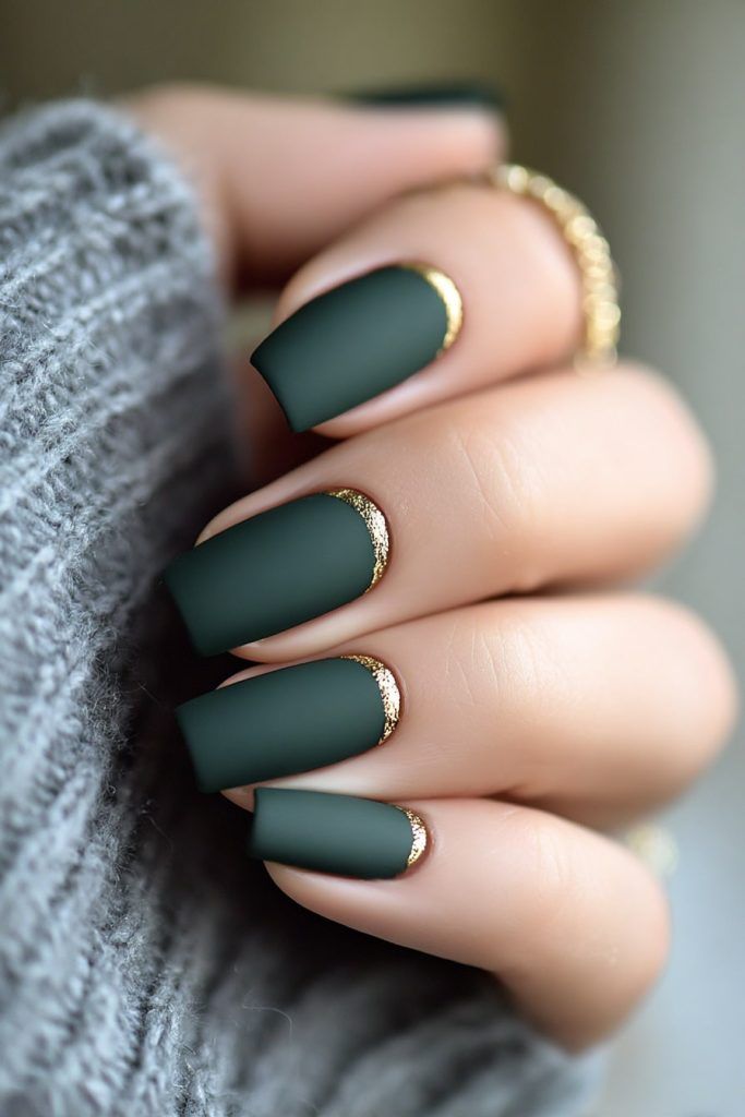 Matte Forest Green with Gold Moon Accents Matte Forest Green with Gold Moon Accents — green nail designs