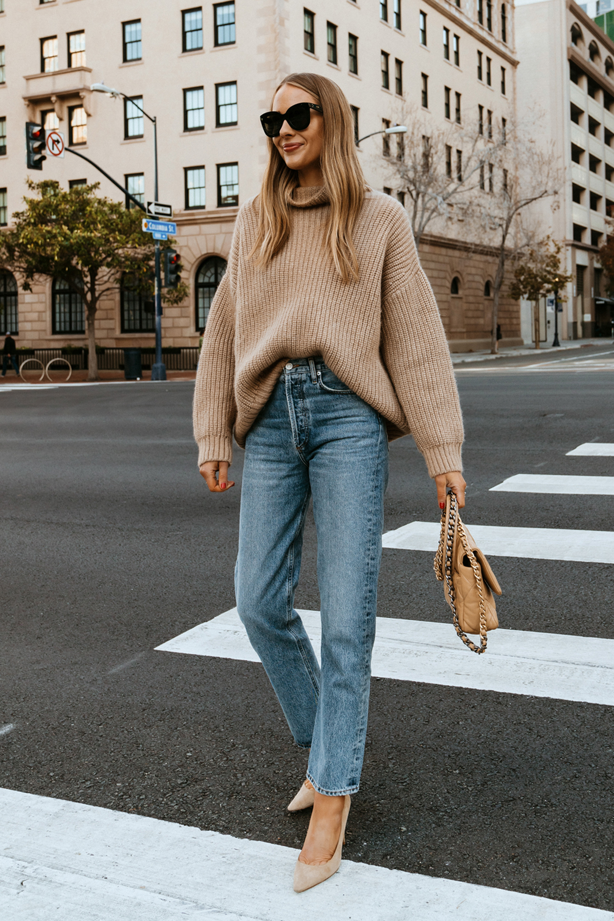 Ribbed Knit Turtleneck Oversized Sweater with Straight-Leg Jeans — Oversized Sweater Outfits