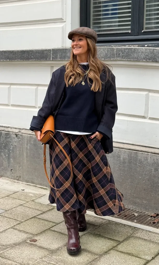 Plaid Wool Maxi Skirt with Blazer and Boots — Winter Skirt Outfits
