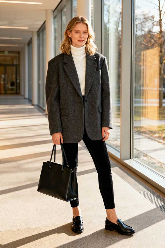 Oversized Grey Blazer and White Turtleneck with Black Leggings Oversized Grey Blazer and White Turtleneck with Black Leggings — Winter Outfits with Leggings