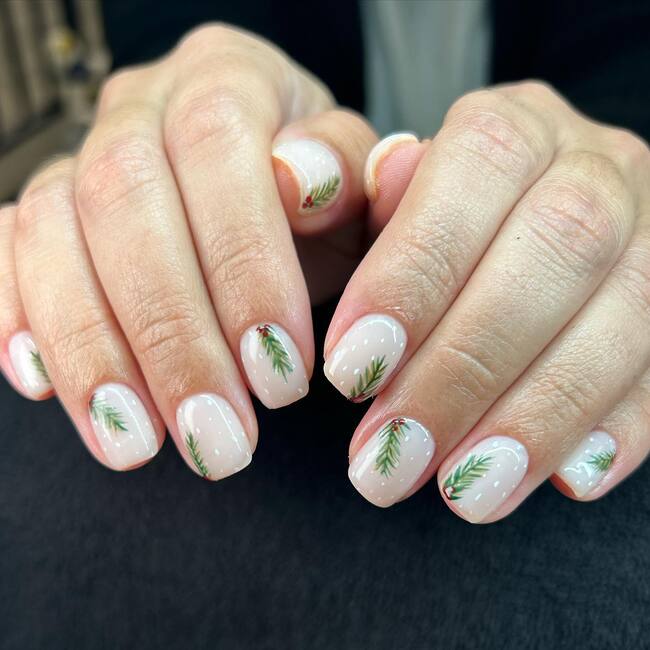 Nude Oval with Pine Branch Art Nude Oval with Pine Branch Art — Short Winter Acrylic Nails