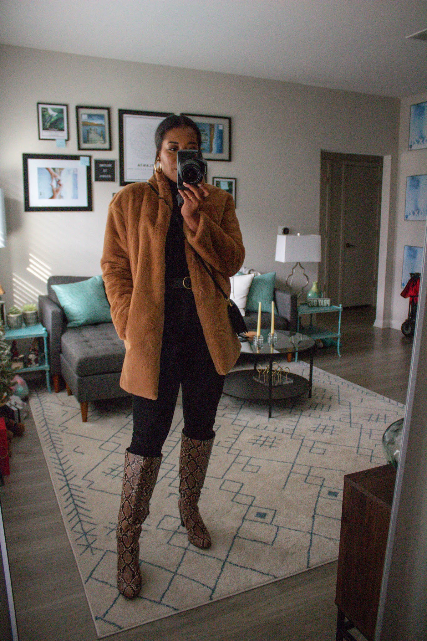 Cozy Faux Fur Coat Over Black Turtleneck for Winter Warmth Cozy Faux Fur Coat Over Black Turtleneck for Winter Warmth — Winter Date Night Outfits
