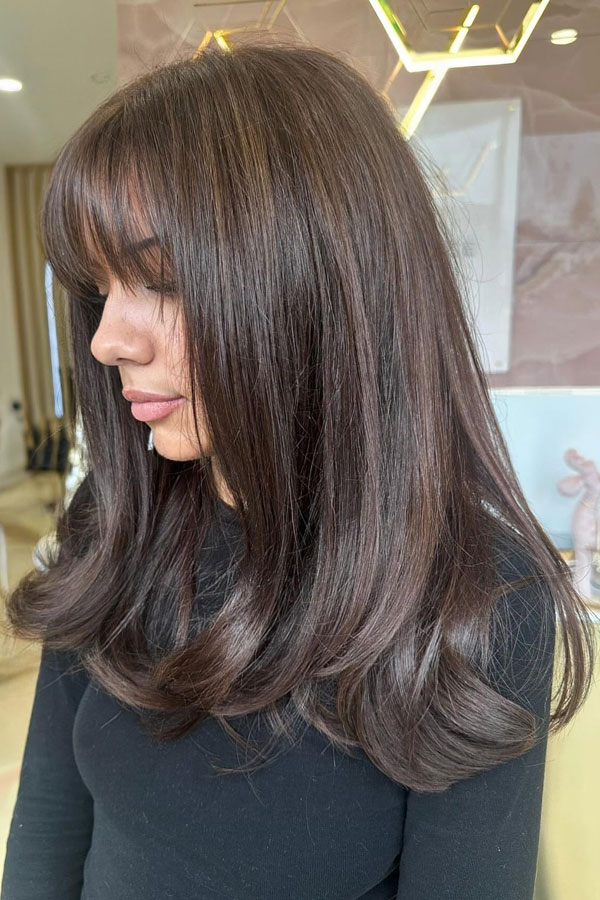 Collarbone Layers With Curtain Bangs — Dark Chocolate Brown Hair