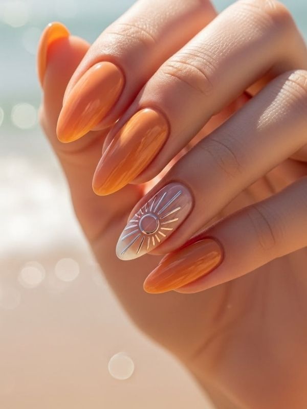 Bold Orange with Metallic Sunburst Accent Bold Orange with Metallic Sunburst Accent — cute nail designs