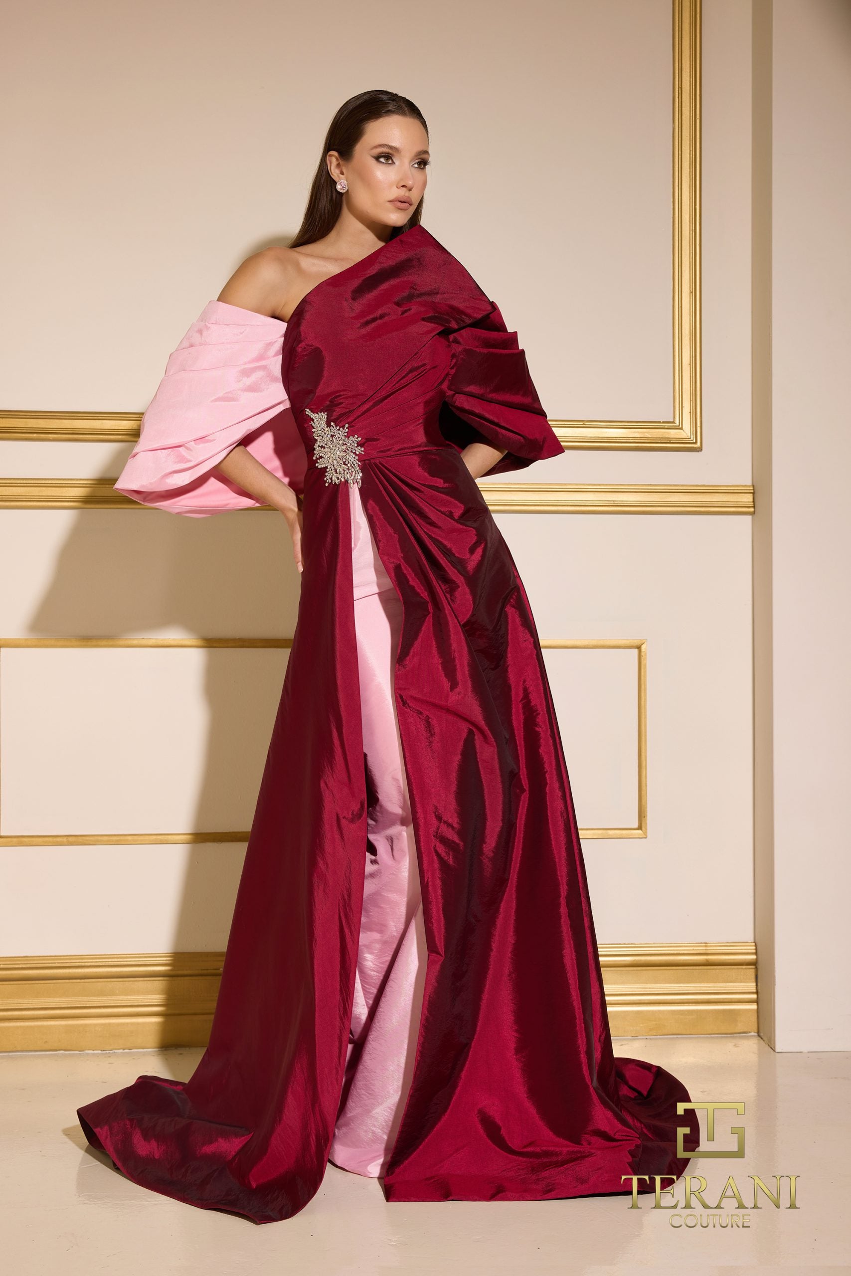 Burgundy Taffeta Gown Overlay with Voluminous Pink Sleeves Burgundy Taffeta Gown Overlay with Voluminous Pink Sleeves — Winter Formal Dresses